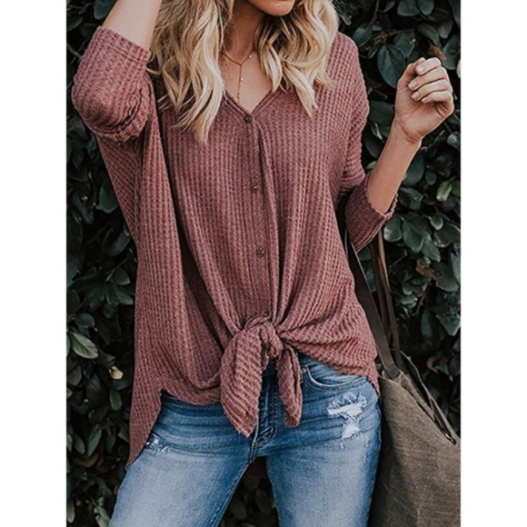 Tops - Womens "Ella" Tie Knot Loose Henley Top